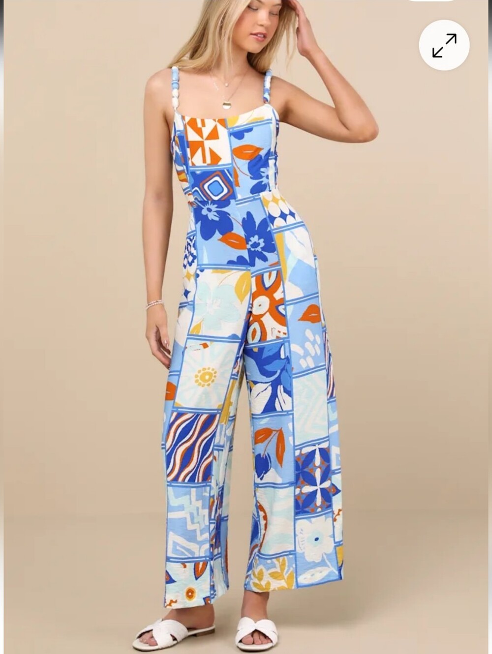 Lulu's Bold Extravagance Blue Multi Print Wide Leg Jumpsuit Size XL NEW #4G